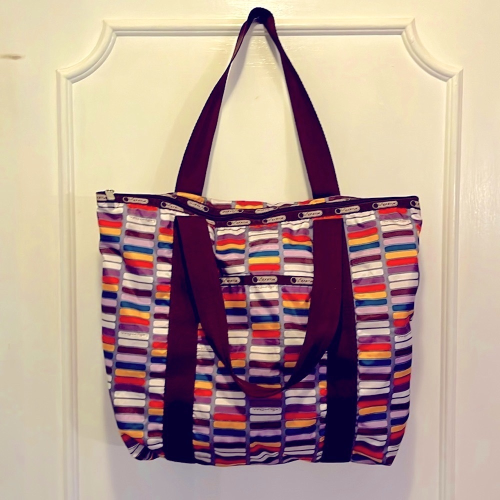 LeSportsac purple orange yellow brown zip tote bag